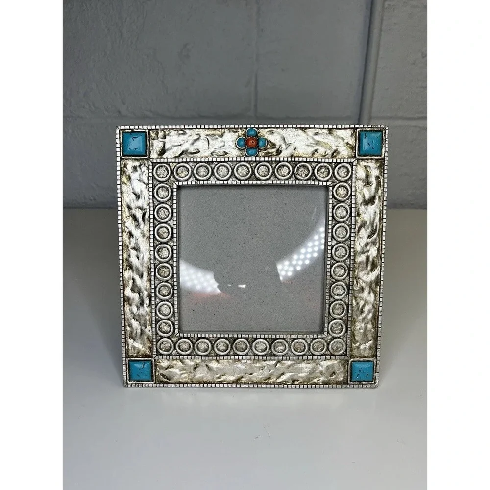 Southwestern Silver Tone Turquoise Picture Frame Rustic Coral Western Native‎